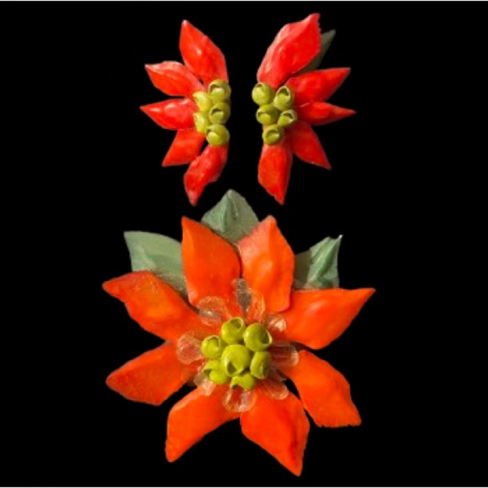 Vintage Hand Made Christmas Poinsettia Flower Brooch Matching Screw Back Earring